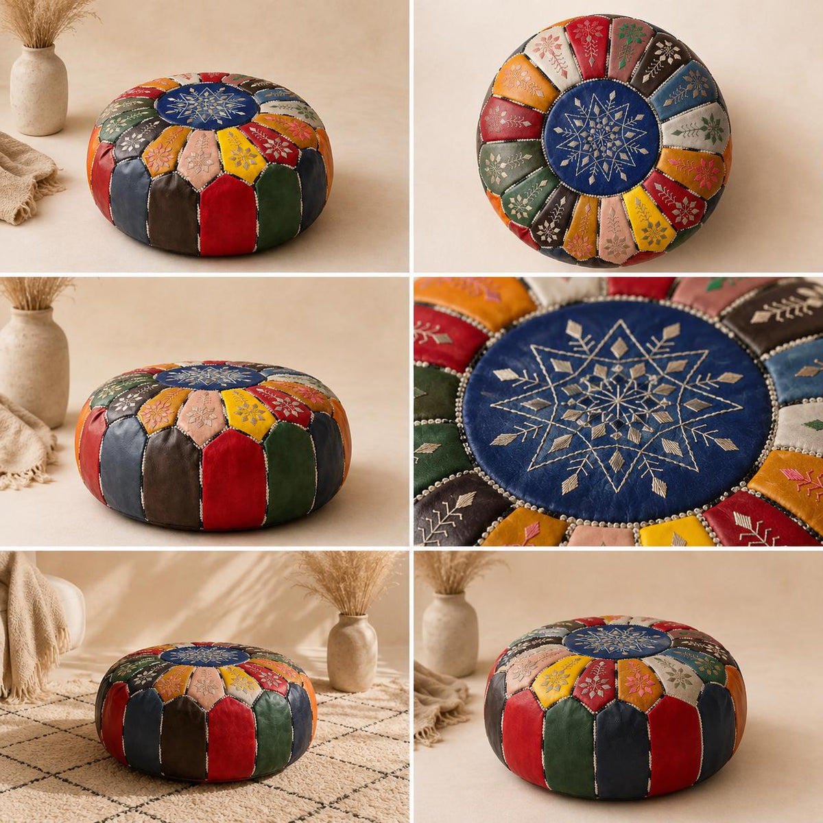 Handmade Moroccan Leather Pouf, leather pouf round ottoman, Boho Floor Cushion, Artisan Housewarming Gift, ottoman stool, sweet tech pouf