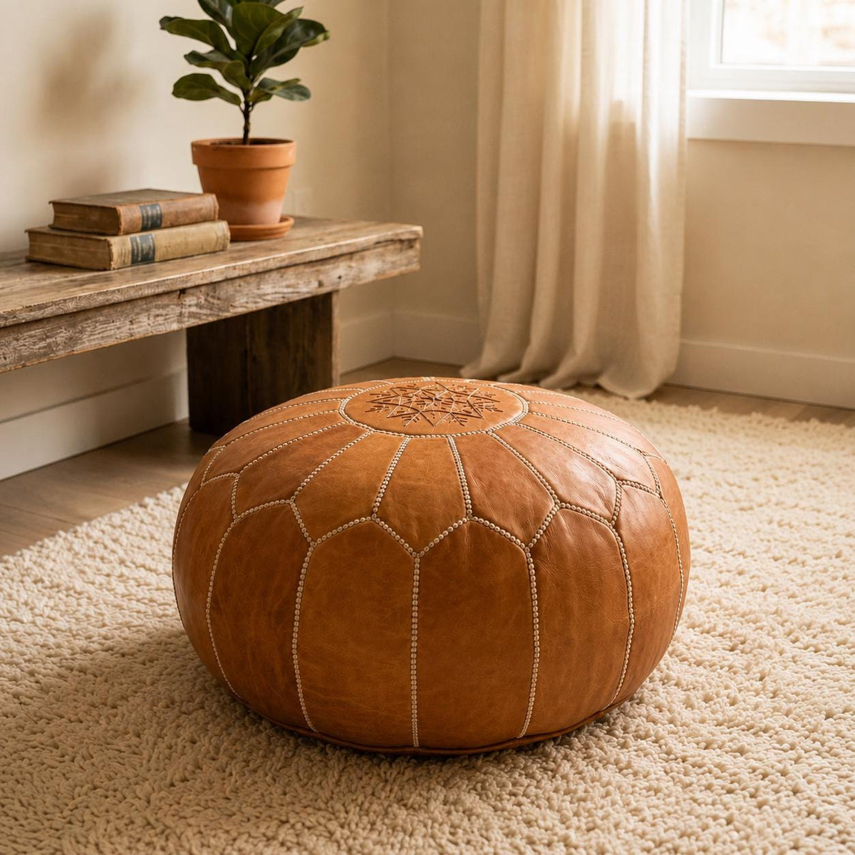 Leather Ottoman pouf, Pouf Cuir, Brown Ottoman, Ottoman Pouf Brown, Handmade Genuine Leather Pouf, Round Footstool, Brown pouf Floor Cushion