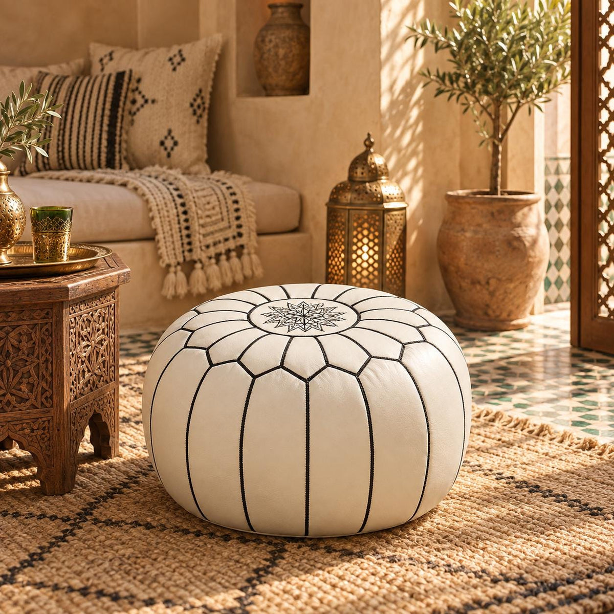 White Round Leather Ottoman Pouf Cover, Moroccan Handmade Leather Floor Decor, Unstuffed Footstool, Boho Living Room Accent Piece