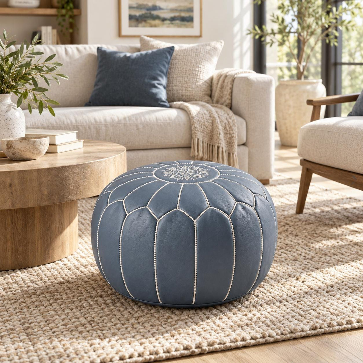 Round Ottoman Cover, Unstuffed Moroccan Footstool, Handmade Leather Floor Pouf, Living Room Footrest, Boho home Decor, Durable Leather