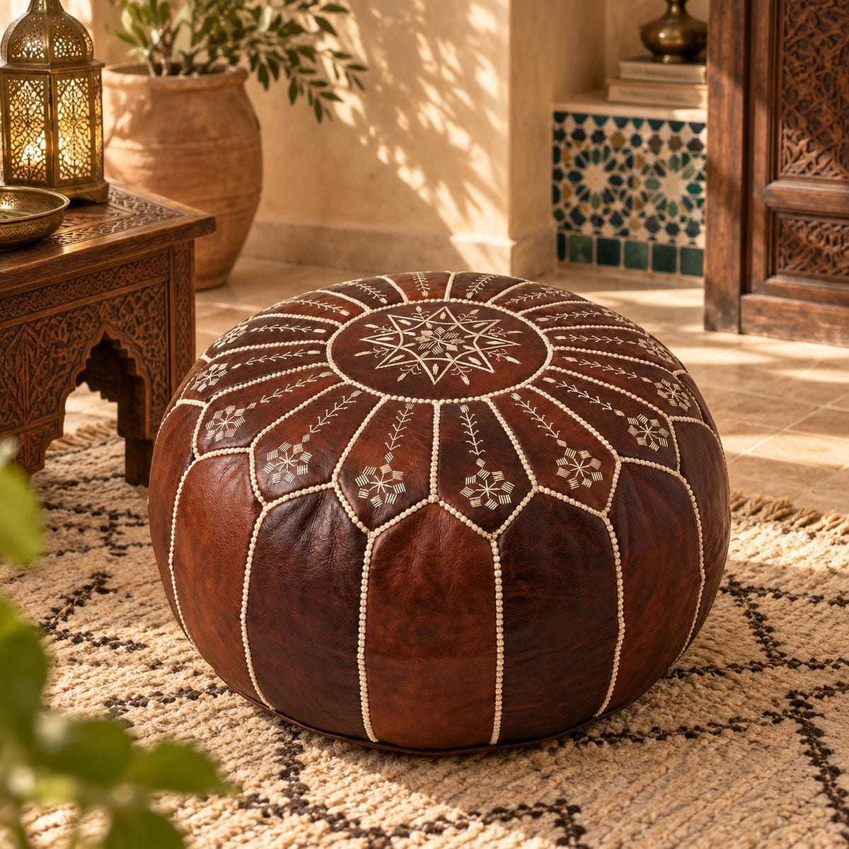 Brown Round Leather Ottoman Pouf Cover, Moroccan Handmade Leather Floor Decor, Unstuffed Footstool, Boho Living Room Footrest,