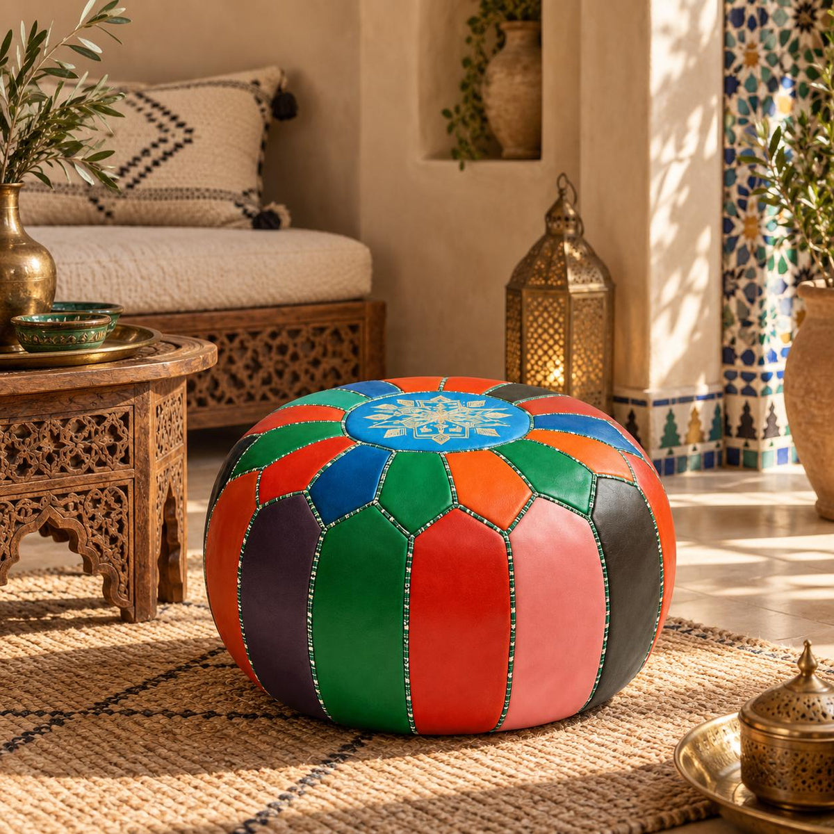 Round Leather Ottoman Pouf Cover, Moroccan Handmade Leather Floor Decor, Unstuffed Footstool, Boho Living Room Footrest,