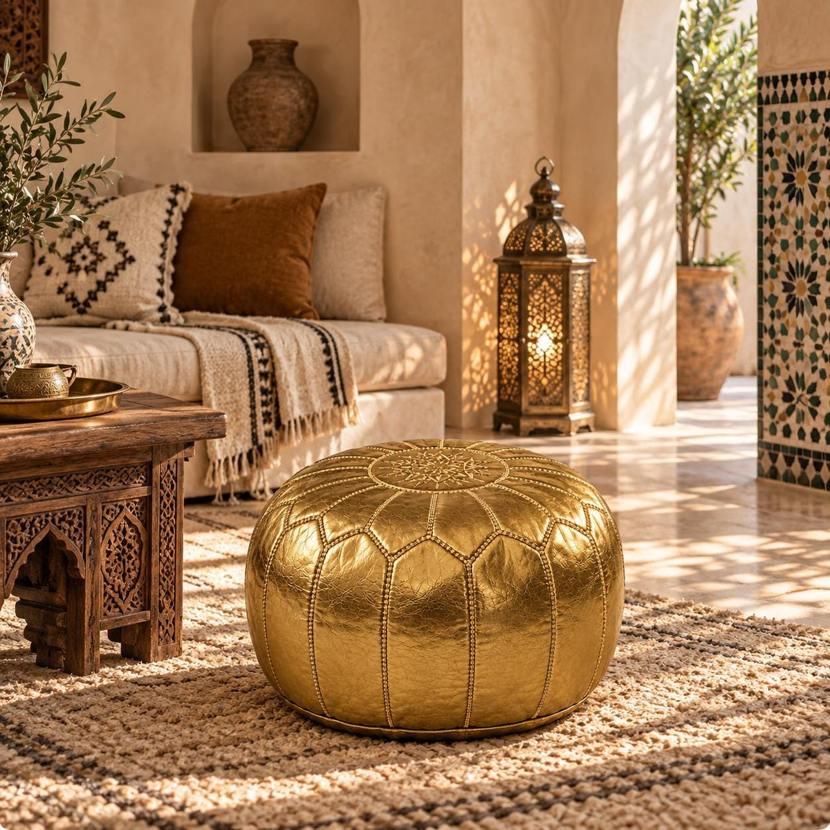 Round Leather Ottoman Pouf Cover, Moroccan Handmade Leather Floor Decor, Unstuffed Footstool, Boho Living Room Footrest,