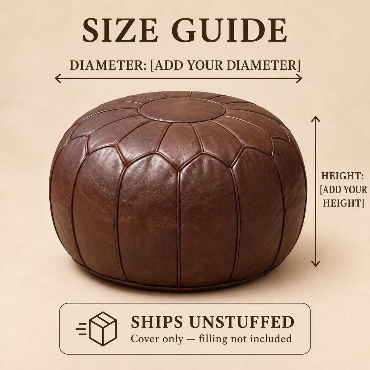 Brown Leather Ottoman Pouf Cover, Moroccan Handmade Leather Floor Decor, Unstuffed Footstool, Boho Living Room Footrest, Round Leather Pouf