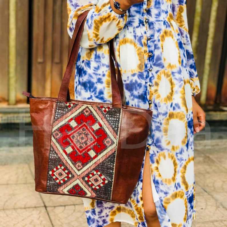 Personalized Bucket kilim leather Bag | Moroccan Style Kilim Leather Shoulder Bag | Carpet tote carpet leather Bag for Women, Gift for her - Brown darker