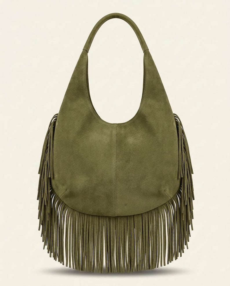 Leather Fringe Handbag for Women | Boho Hobo Bag | Western Shoulder Purse | Soft Leather Everyday Tote | Available in Multiple Colors | gift - oliver green