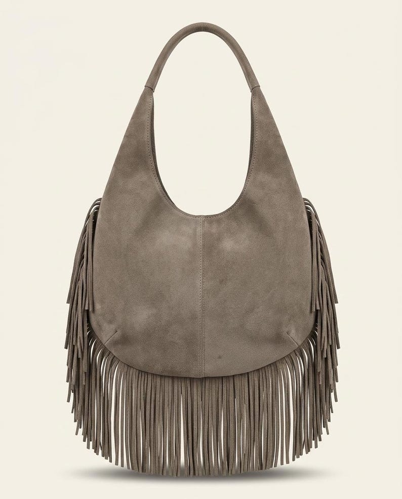 Leather Fringe Handbag for Women | Boho Hobo Bag | Western Shoulder Purse | Soft Leather Everyday Tote | Available in Multiple Colors | gift - Gray