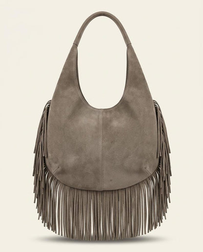 Leather Fringe Handbag for Women | Boho Hobo Bag | Western Shoulder Purse | Soft Leather Everyday Tote | Available in Multiple Colors | gift - Gray