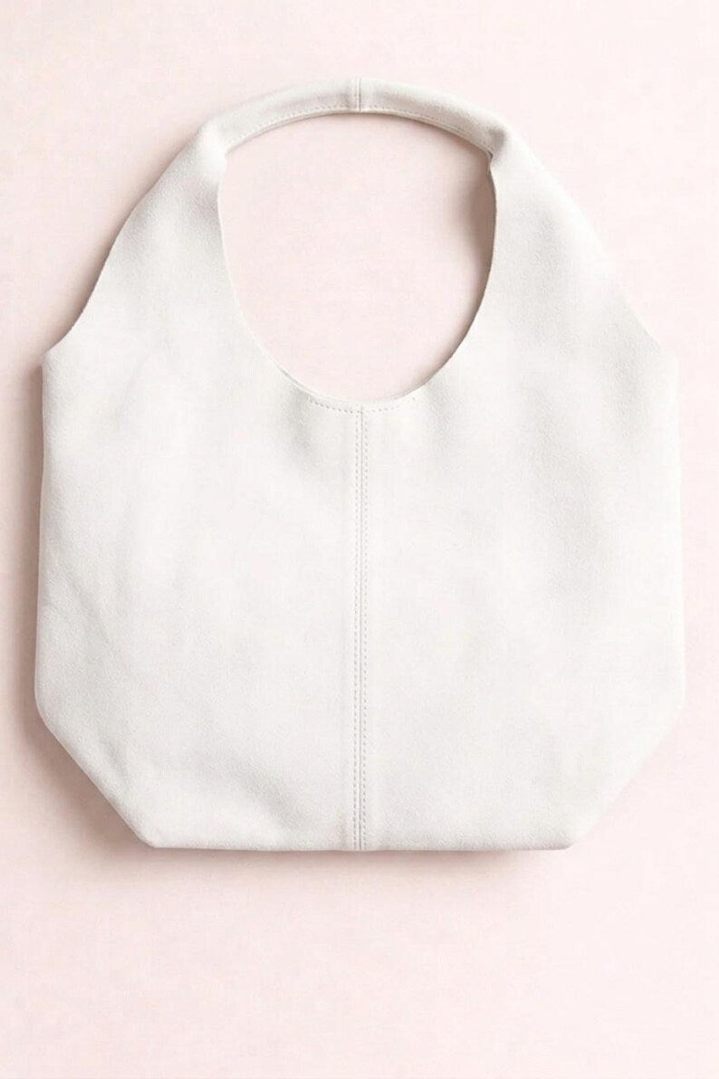 Genuine Leather Hobo Bag, Spacious Shoulder Tote, Lightweight Handcrafted Leather Bag, Soft Suede Finish, Multiple Colors , Gift for Her - White