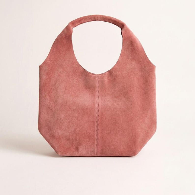 Genuine Leather Hobo Bag, Spacious Shoulder Tote, Lightweight Handcrafted Leather Bag, Soft Suede Finish, Multiple Colors , Gift for Her - Pink