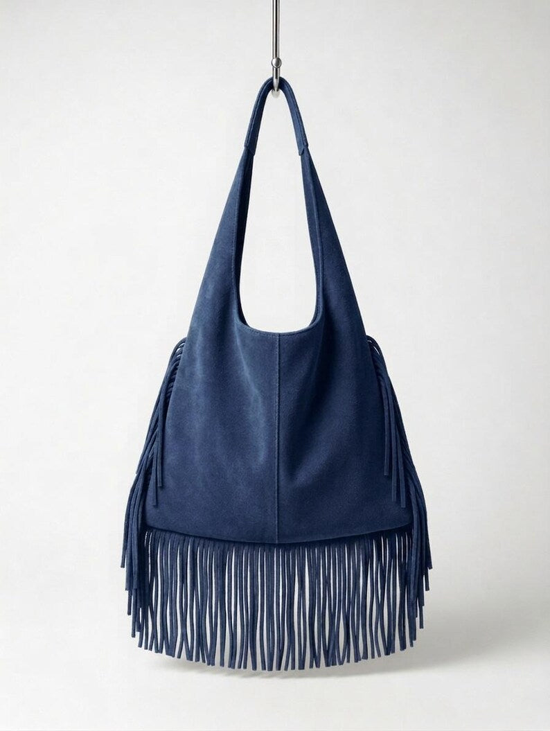 Genuine Leather Fringe Hobo Bag, Handmade Boho Shoulder Bag, Long Fringe Moroccan Leather Bag, Chic Everyday Style , gift for her - Blue