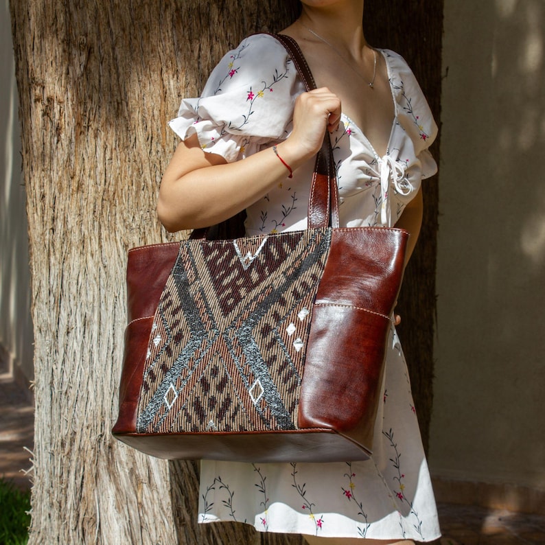 Personalized Leather Tote Bag, Moroccan Carpet Shoulder Bag, Handmade Leather Handbag, Large Work Tote, Gift for Women - Brown darker