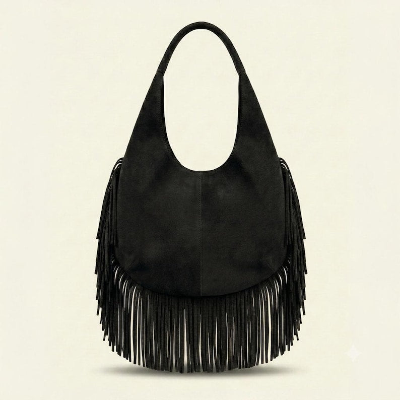 Leather Fringe Handbag for Women | Boho Hobo Bag | Western Shoulder Purse | Soft Leather Everyday Tote | Available in Multiple Colors | gift - Black