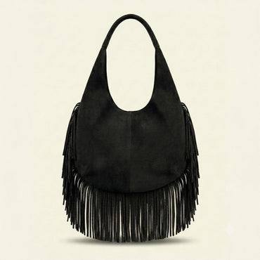 Leather Fringe Handbag for Women | Boho Hobo Bag | Western Shoulder Purse | Soft Leather Everyday Tote | Available in Multiple Colors | gift - Black