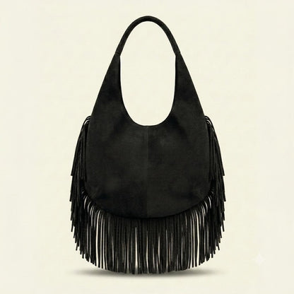 Leather Fringe Handbag for Women | Boho Hobo Bag | Western Shoulder Purse | Soft Leather Everyday Tote | Available in Multiple Colors | gift - Black