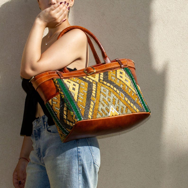 Personalized Leather Tote Bag, Moroccan Carpet Shoulder Bag, Handmade Leather Work Tote, Genuine Leather Bag, Gift for Women