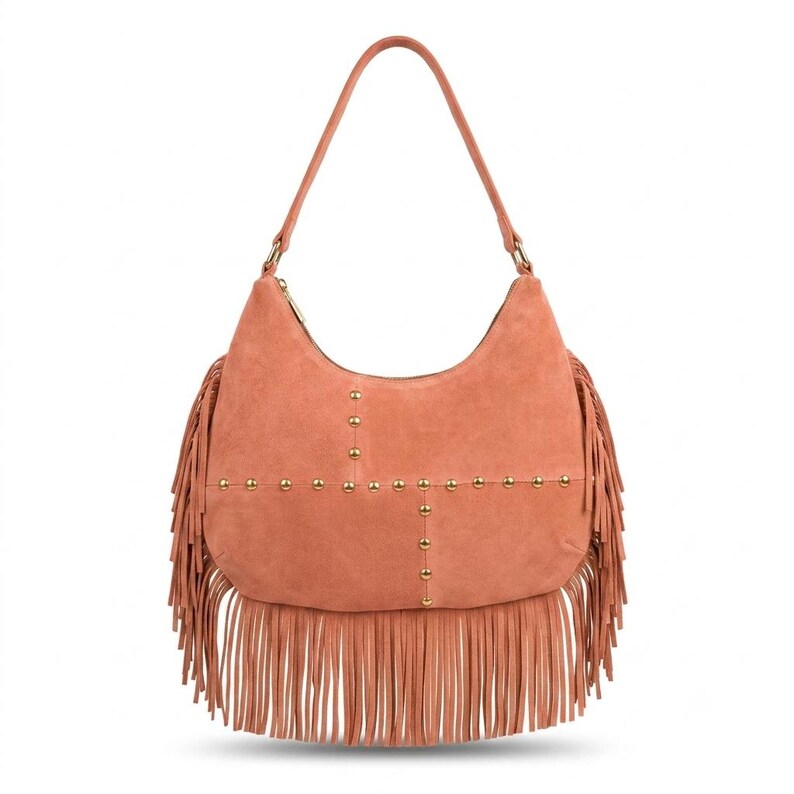 Handmade Leather Fringe Hobo Bag, Genuine Moroccan Leather Shoulder Bag, Boho Women's Purse, Slouchy Everyday Handbag , Christmas Gift - somo