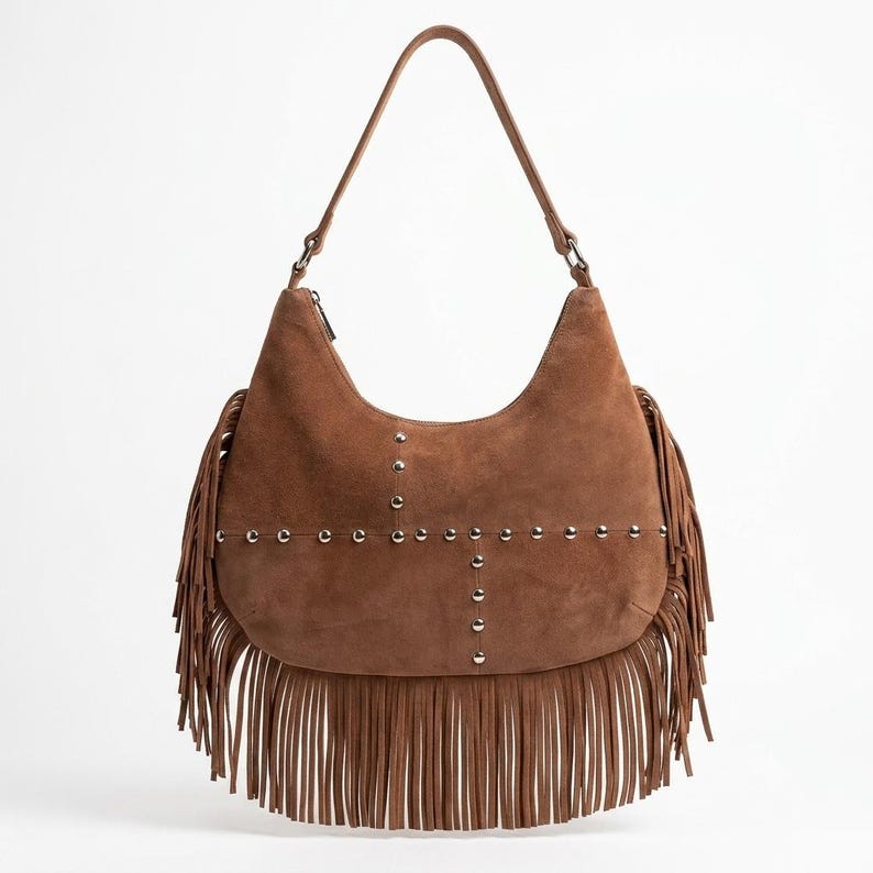 Handmade Leather Fringe Hobo Bag, Genuine Moroccan Leather Shoulder Bag, Boho Women's Purse, Slouchy Everyday Handbag , Christmas Gift - tabaco