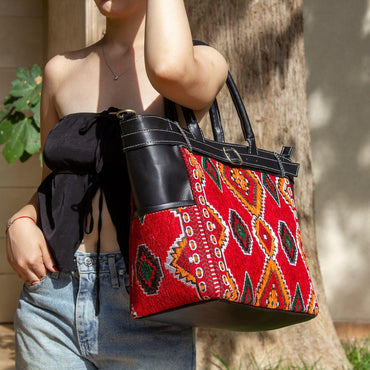 Personalized Leather Tote Bag, Moroccan Carpet Purse, Handmade Shoulder Bag, Women's Leather Shopper, Everyday Work Bag, Gift for Her - Black
