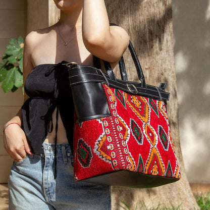 Personalized Leather Tote Bag, Moroccan Carpet Purse, Handmade Shoulder Bag, Women's Leather Shopper, Everyday Work Bag, Gift for Her - Black