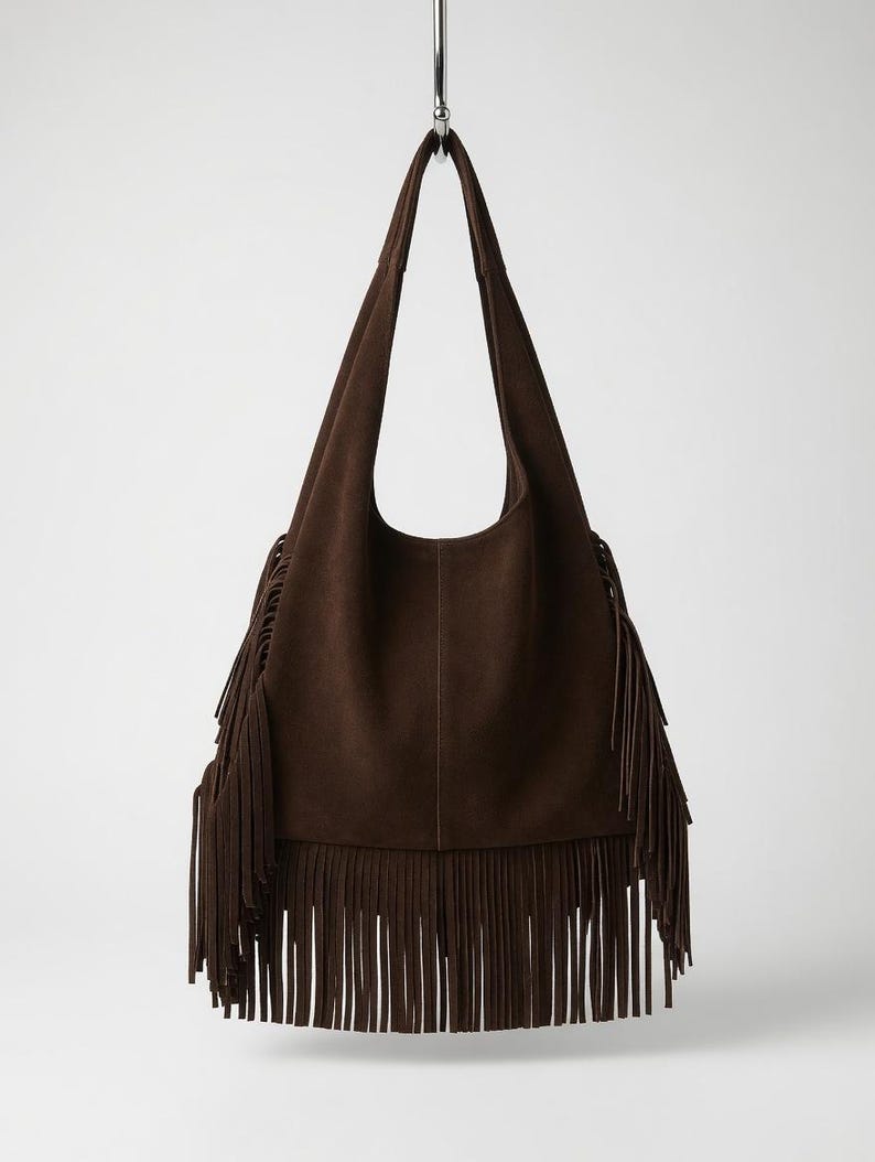 Genuine Leather Fringe Hobo Bag, Handmade Boho Shoulder Bag, Long Fringe Moroccan Leather Bag, Chic Everyday Style , gift for her - Brown