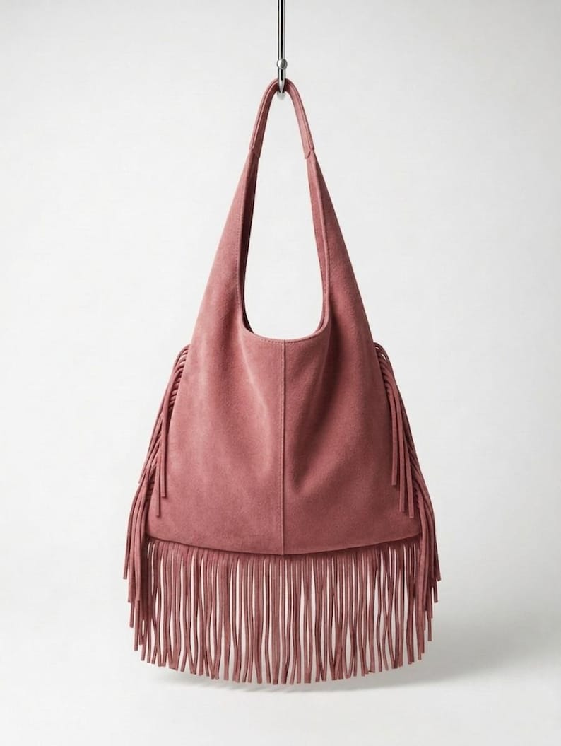 Genuine Leather Fringe Hobo Bag, Handmade Boho Shoulder Bag, Long Fringe Moroccan Leather Bag, Chic Everyday Style , gift for her - Pink