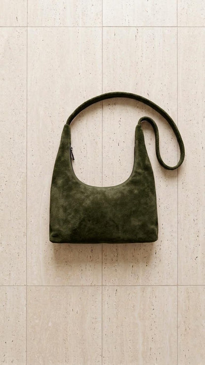 Leather Crescent Bag | Suede Shoulder Bag Women | Boho Half Moon Purse | Handmade Underarm Bag | Soft Leather Hobo | Gift for Her - oliver green