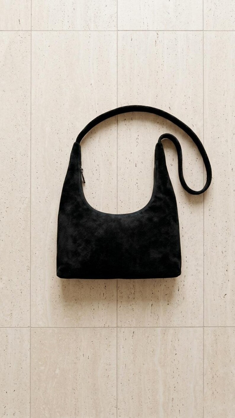 Leather Crescent Bag | Suede Shoulder Bag Women | Boho Half Moon Purse | Handmade Underarm Bag | Soft Leather Hobo | Gift for Her - Black