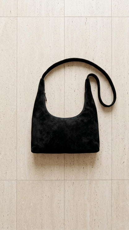 Leather Crescent Bag | Suede Shoulder Bag Women | Boho Half Moon Purse | Handmade Underarm Bag | Soft Leather Hobo | Gift for Her - Black