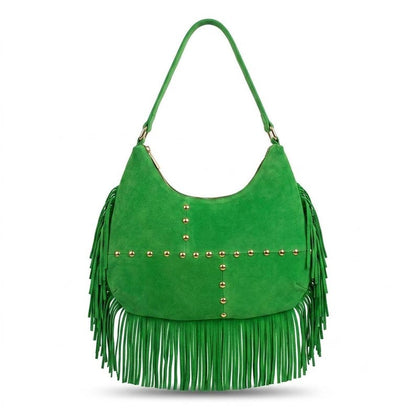 Handmade Leather Fringe Hobo Bag, Genuine Moroccan Leather Shoulder Bag, Boho Women's Purse, Slouchy Everyday Handbag , Christmas Gift - Green