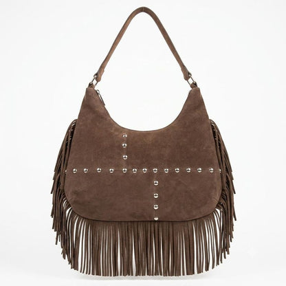 Handmade Leather Fringe Hobo Bag, Genuine Moroccan Leather Shoulder Bag, Boho Women's Purse, Slouchy Everyday Handbag , Christmas Gift - Brown