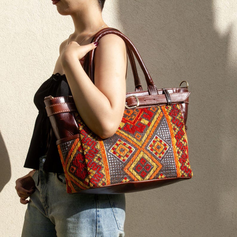 Personalized Leather Tote Bag, Moroccan Carpet Purse, Handmade Shoulder Bag, Women's Leather Shopper, Everyday Work Bag, Gift for Her,
