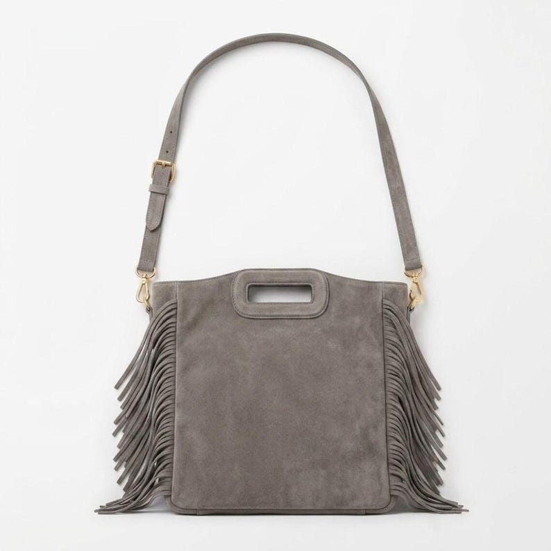 Genuine Suede Leather Fringe Crossbody Bag, Handmade Boho Shoulder Bag, Lightweight Spacious Bag, Casual Chic Style , gift for her - Gray