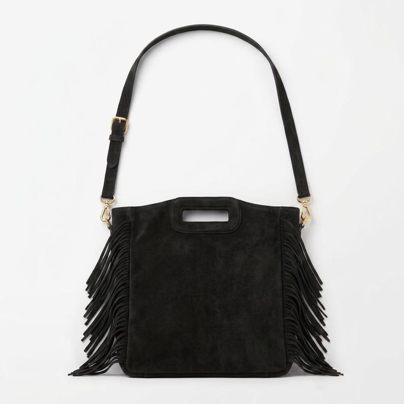 Genuine Suede Leather Fringe Crossbody Bag, Handmade Boho Shoulder Bag, Lightweight Spacious Bag, Casual Chic Style , gift for her - Black