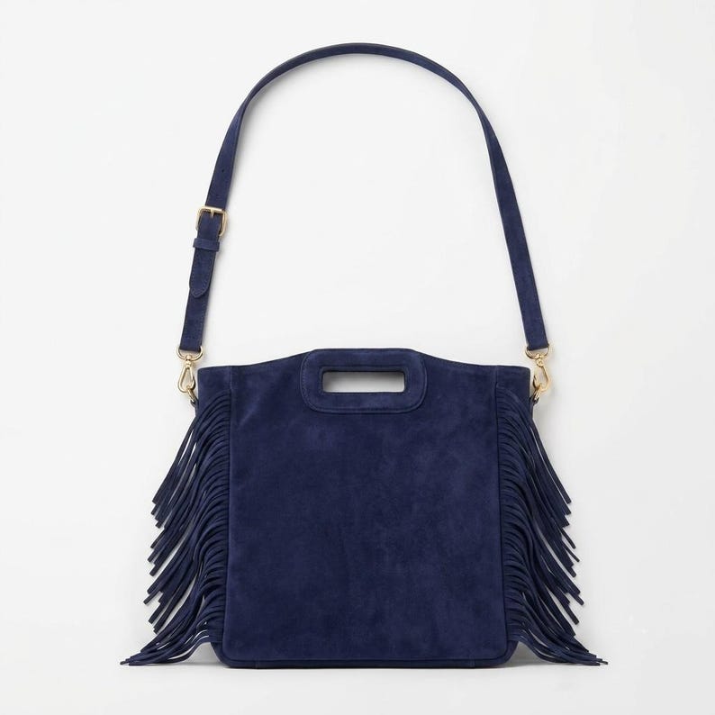 Genuine Suede Leather Fringe Crossbody Bag, Handmade Boho Shoulder Bag, Lightweight Spacious Bag, Casual Chic Style , gift for her - Blue