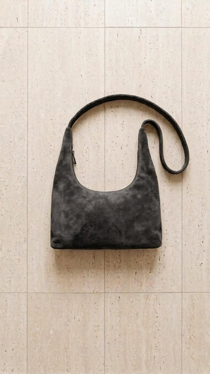 Leather Crescent Bag | Suede Shoulder Bag Women | Boho Half Moon Purse | Handmade Underarm Bag | Soft Leather Hobo | Gift for Her - Gray