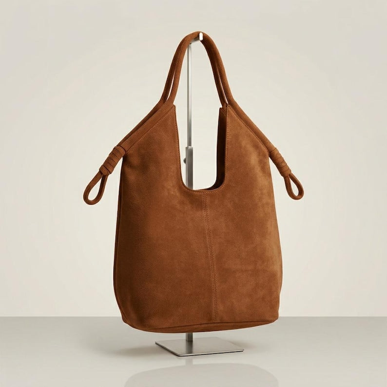 Handmade Shoulder Bag for Women, Minimalist Tote Bag, Soft Slouchy Handbag, Large Everyday Purse, Moroccan Handmade , Holiday Gift - tabaco
