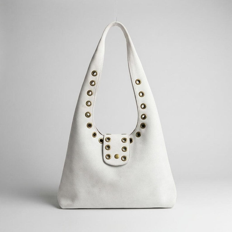 Leather Shoulder Bag for Women, Handmade Leather Handbag, Boho Tote Purse, Moroccan Bag, Studded Handle Bag, Unique , Holiday Gift - White