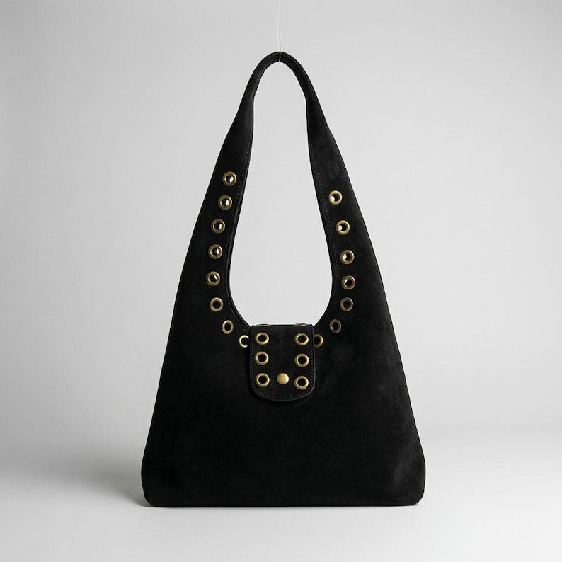 Leather Shoulder Bag for Women, Handmade Leather Handbag, Boho Tote Purse, Moroccan Bag, Studded Handle Bag, Unique , Holiday Gift - Black
