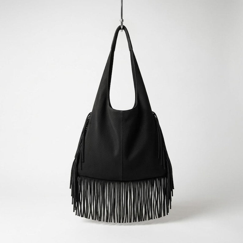 Genuine Leather Fringe Hobo Bag, Handmade Boho Shoulder Bag, Long Fringe Moroccan Leather Bag, Chic Everyday Style , gift for her - Black