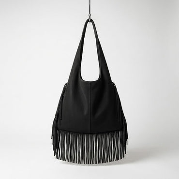 Genuine Leather Fringe Hobo Bag, Handmade Boho Shoulder Bag, Long Fringe Moroccan Leather Bag, Chic Everyday Style , gift for her - Black