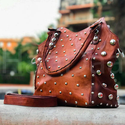 Studded Leather Shoulder Bag for Women, Handmade Rivet Tote, Artisan Black Leather Handbag, Polka Dot Studded Purse, Gift for her