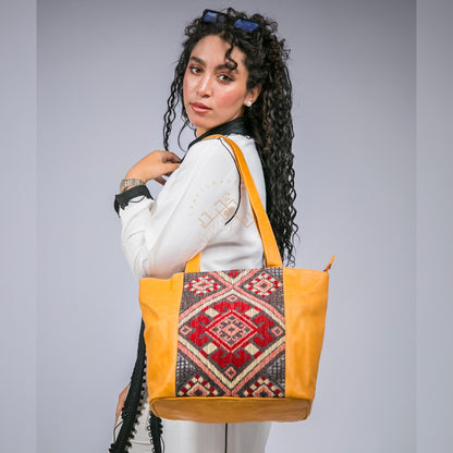 Moroccan Kilim Leather Tote Bag – Handmade Stylish Shoulder Purses – Red Rug & Genuine Brown Leather Shoulder Bag – Artisan Gift for Women