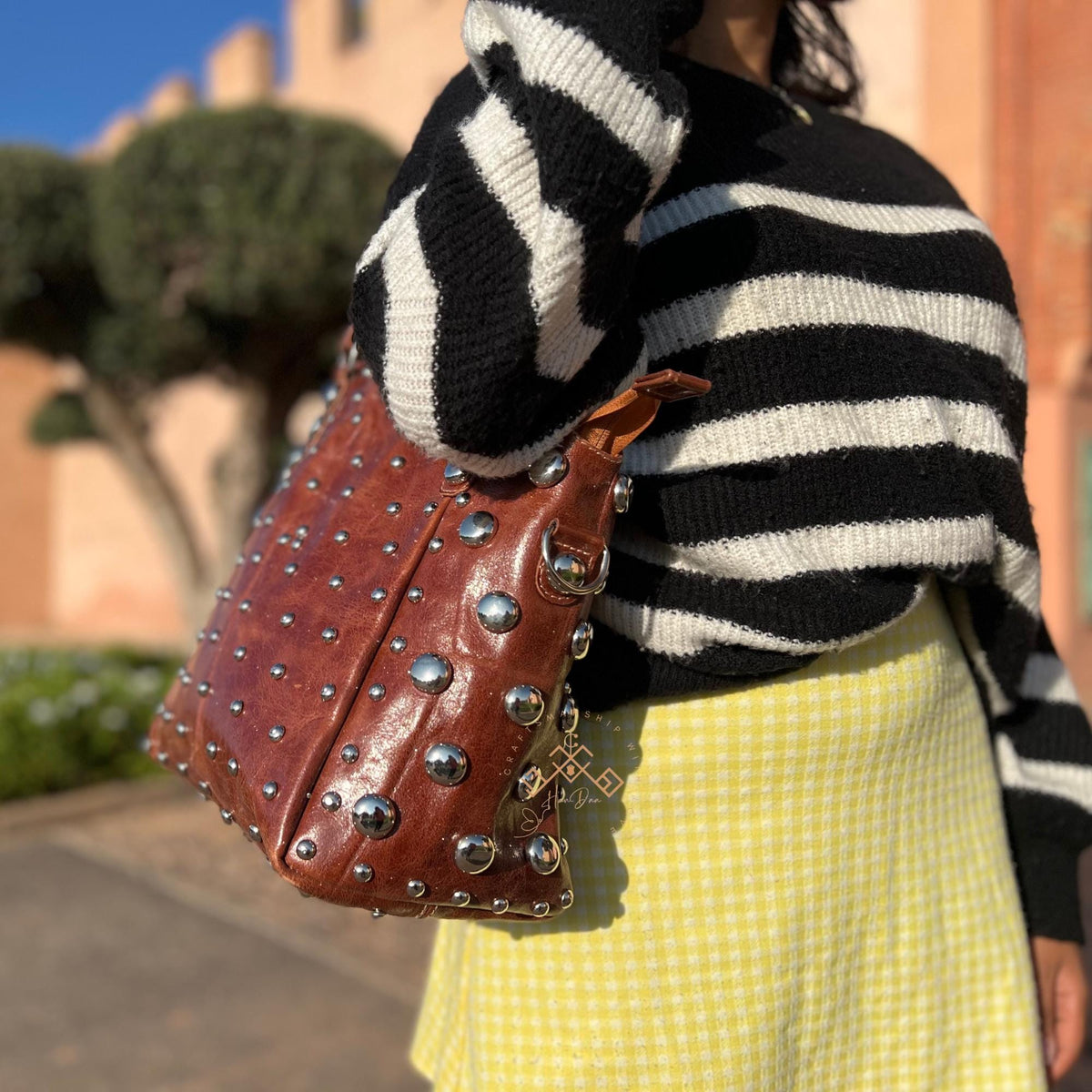 Studded Leather Shoulder Bag for Women, Handmade Rivet Tote, Artisan Black Leather Handbag, Polka Dot Studded Purse, Gift for her