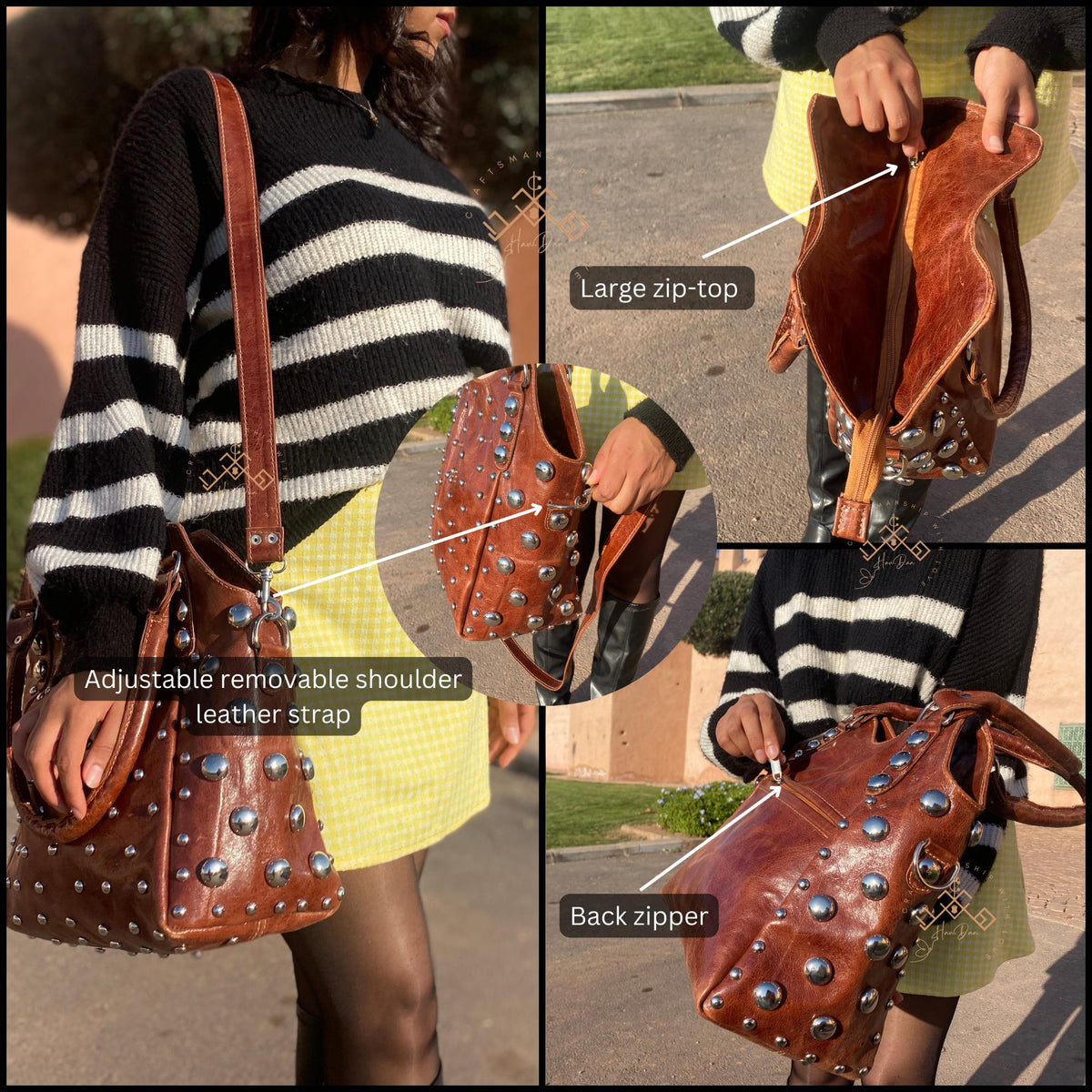 Studded Leather Shoulder Bag for Women, Handmade Rivet Tote, Artisan Black Leather Handbag, Polka Dot Studded Purse, Gift for her