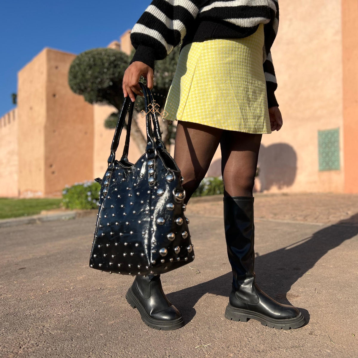 Studded Leather Shoulder Bag for Women, Handmade Rivet Tote, Artisan Black Leather Handbag, Polka Dot Studded Purse, Gift for her