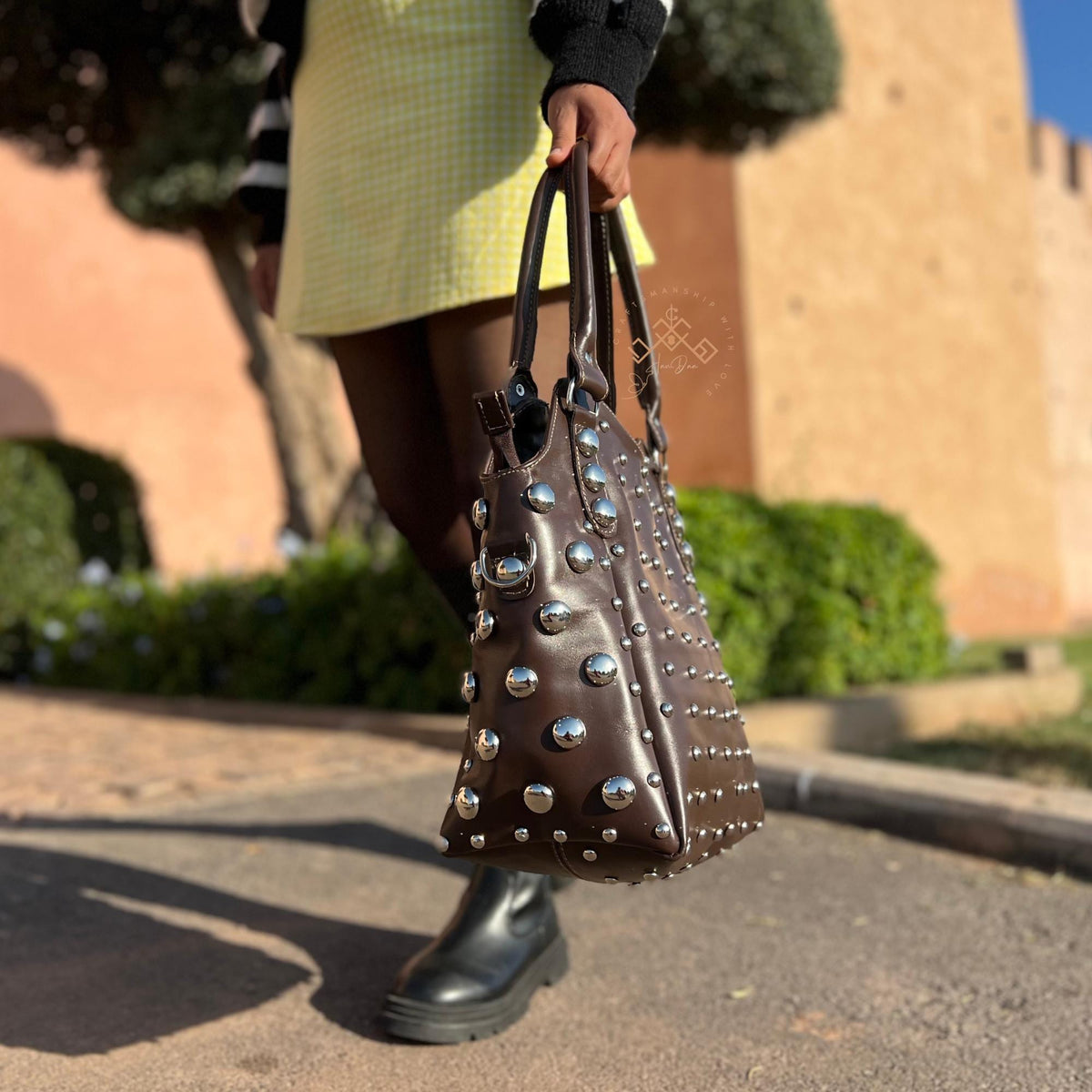 Studded Leather Shoulder Bag for Women, Handmade Rivet Tote, Artisan Black Leather Handbag, Polka Dot Studded Purse, Gift for her