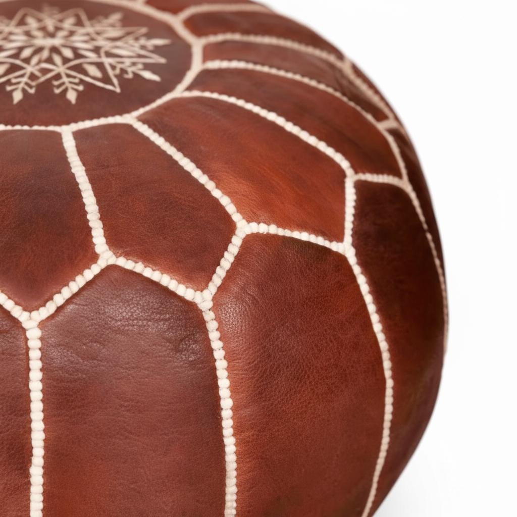 Handcrafted Moroccan Leather Ottoman Pouf Round Genuine Leather Footstool Coffee Table Unstuffed Handmade in Marrakech Brown Pouf