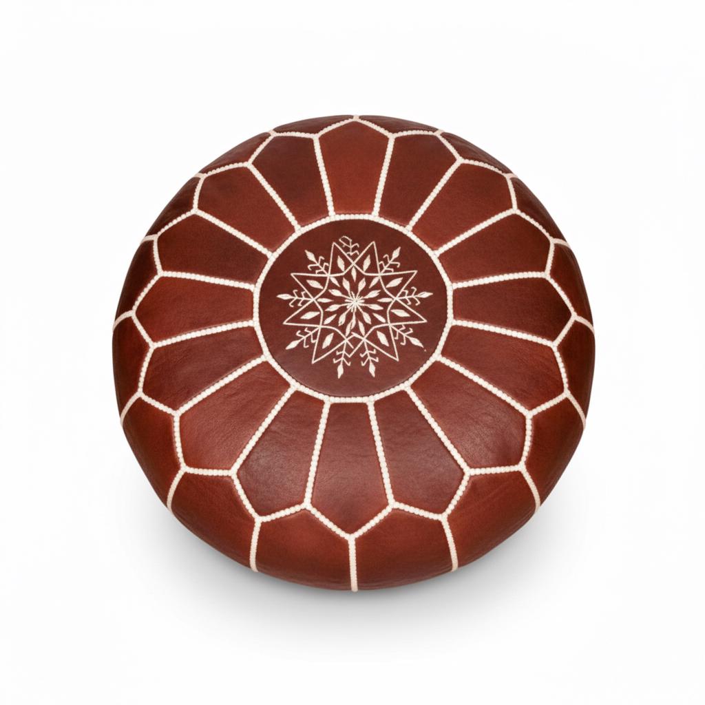 Handcrafted Moroccan leather ottoman pouf, round genuine leather footstool, coffee table, unstuffed handmade in Marrakech, brown decor piece