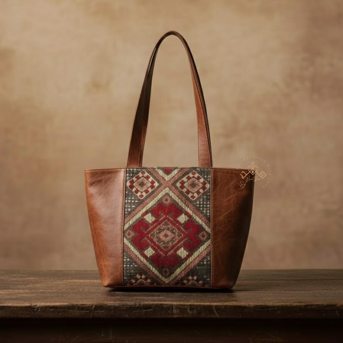 Moroccan Kilim Leather Tote Bag – Handmade Stylish Shoulder Purses – Red Rug & Genuine Brown Leather Shoulder Bag – Artisan Gift for Women